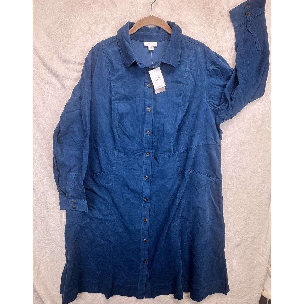 J Jill Shirt Dress Women's XL Blue Corduroy Button Front Long Sleeve Pockets